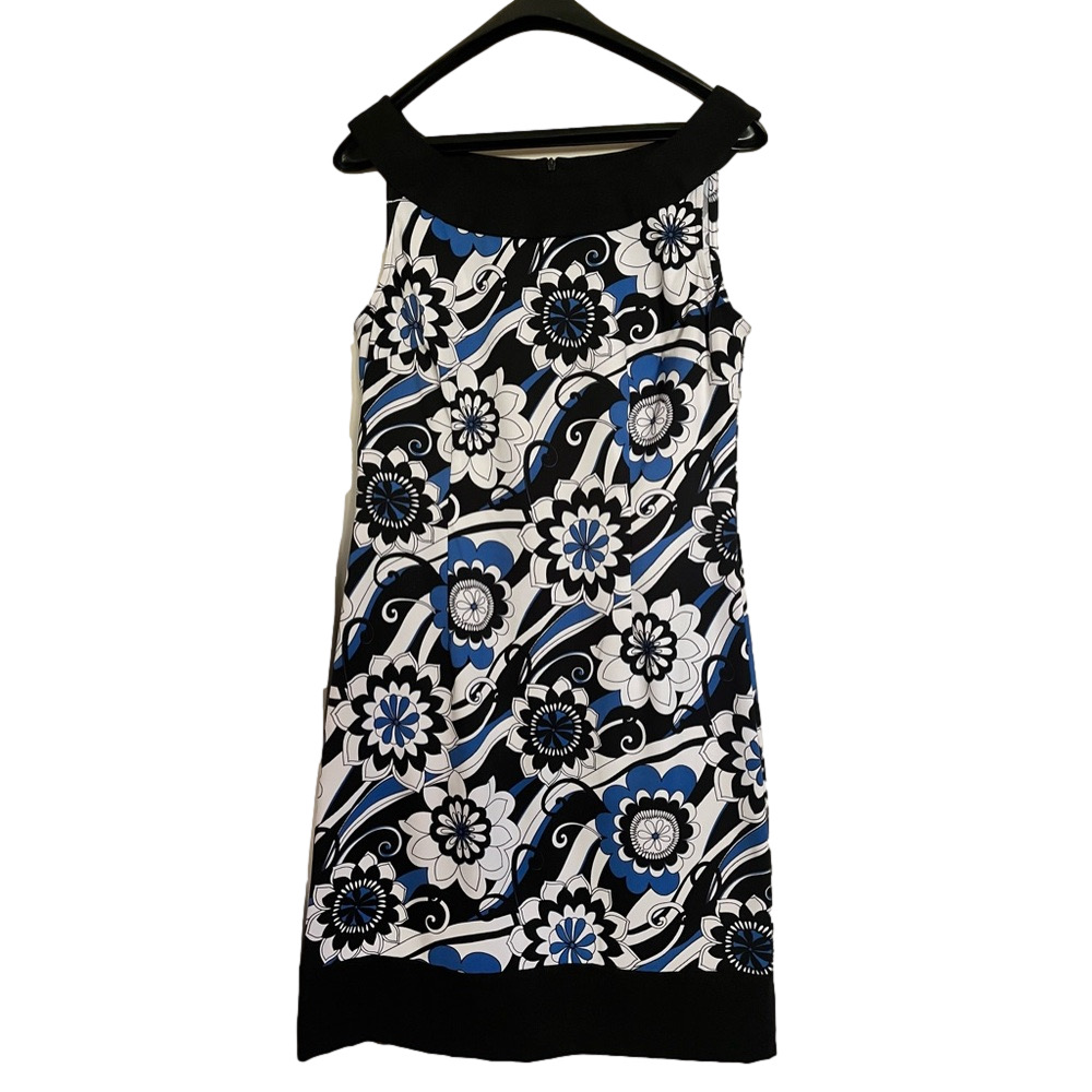 Dress Barn retro sleeveless floral midi dress blue, white and black UK size 10